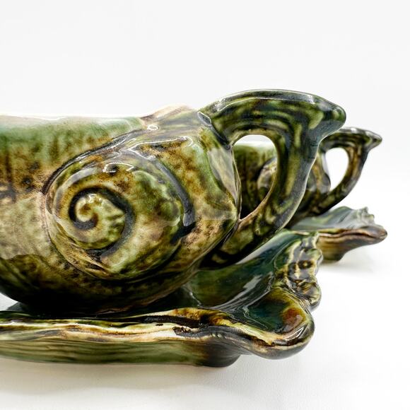 Majolica Tea Cup and Saucers Vintage Barbotine Shell Oyster Green Glaze Pair - Picture 5 of 13